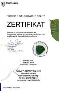 Für eine baumstarke Stadt Leipzig – Zertifikat für Stadt-Linde